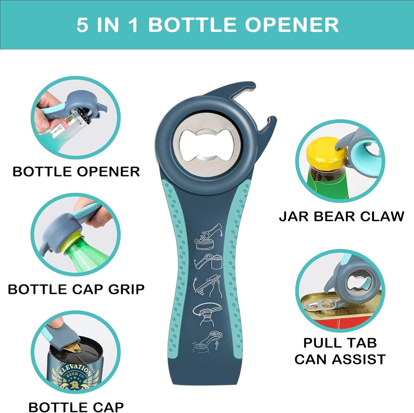 Jar Opener for Weak Hands, Seniors with Arthritis, 5 in 1 Multi Function Bottle Opener Lid Opener for Arthritic Hands with Non Slip Rubber Jar Opener Gripper Pad