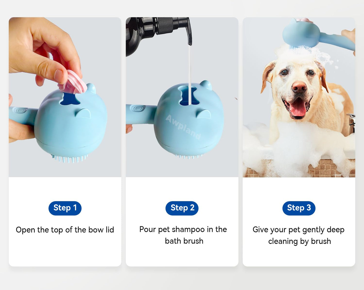 All in one shampoo grooming pet brush